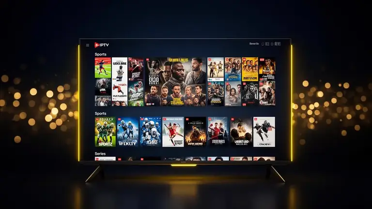 Smart TV mostrando a interface do Aveia IPTV com filmes, séries e esportes